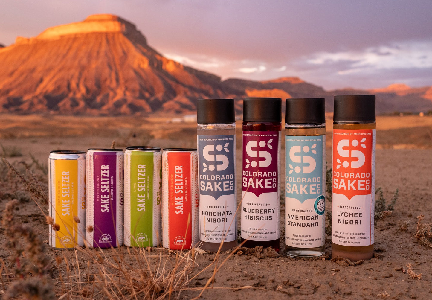 Colorado Sake Co. sake bottles and seltzer cans lineup