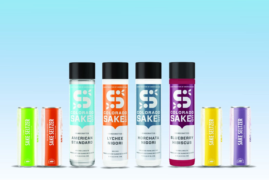 Colorado Sake Co. Sake + Seltzer Sampler 8 Pack - four full-size sake bottles and four sake seltzer cans
